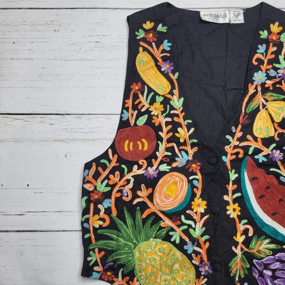 Vintage Baxter & Wells Embroidered Vest Watermelon Pineapple Fruit Bright Small - Picture 5 of 8